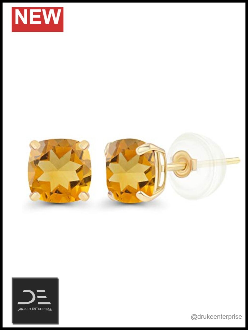 14K Solid Gold 5mm Cushion Citrine Stud Earrings, Hypoallergenic, 1.2 CTW